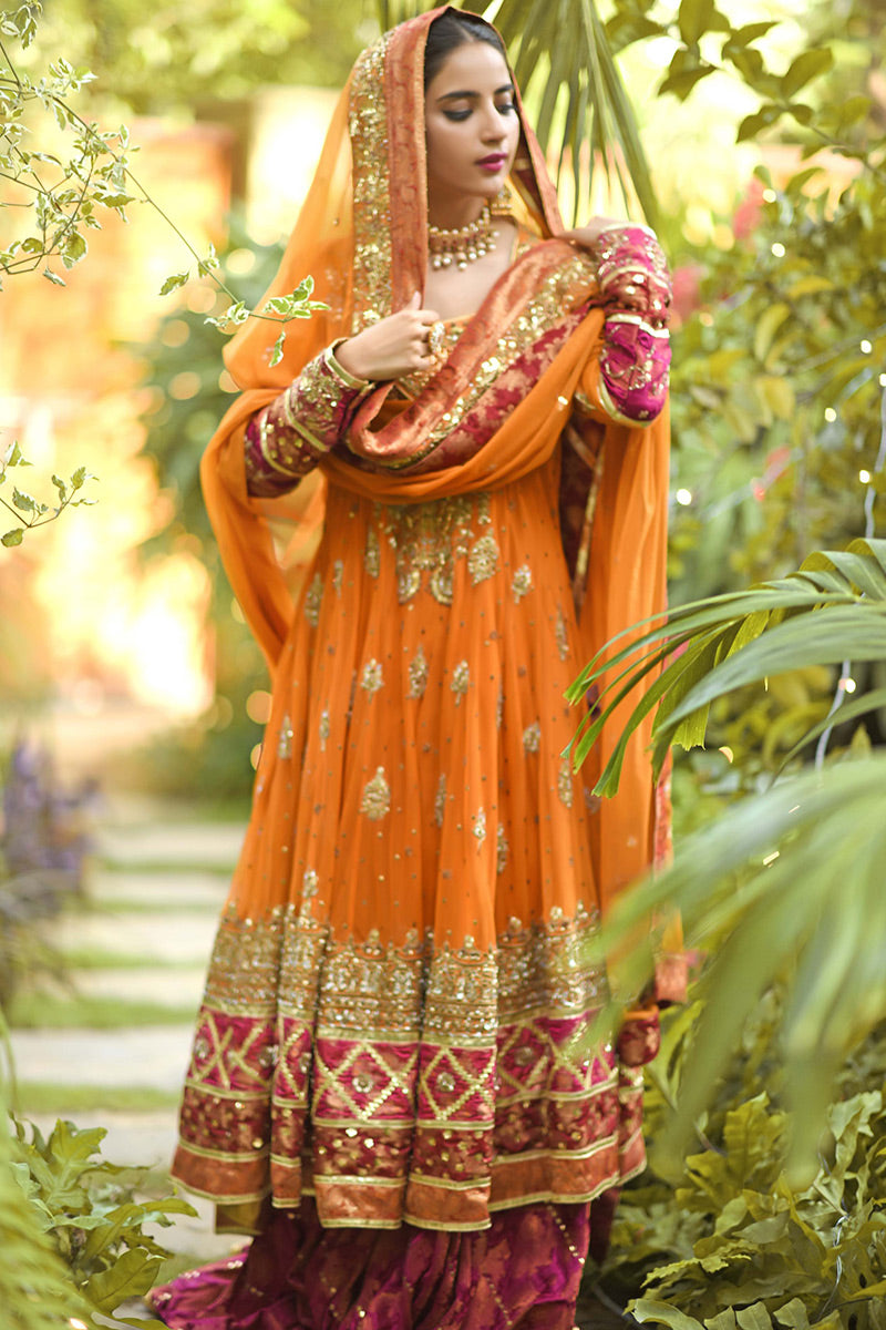 Burnt Orange Zardozi Net Pishwas Dress (3-Piece) - Image 8