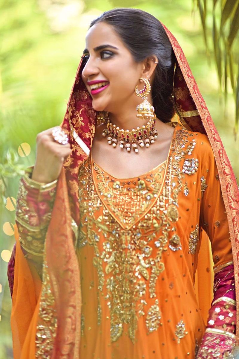 Burnt Orange Zardozi Net Pishwas Dress (3-Piece) - Image 9