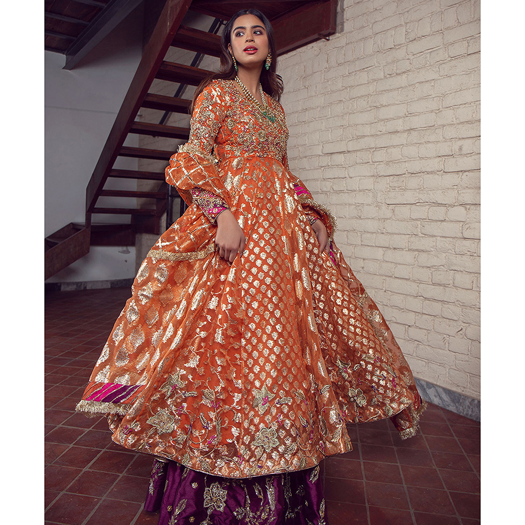 Pakistani Tangerine Zari Organza Kalidar Pishwas (3-Piece) - Image 1