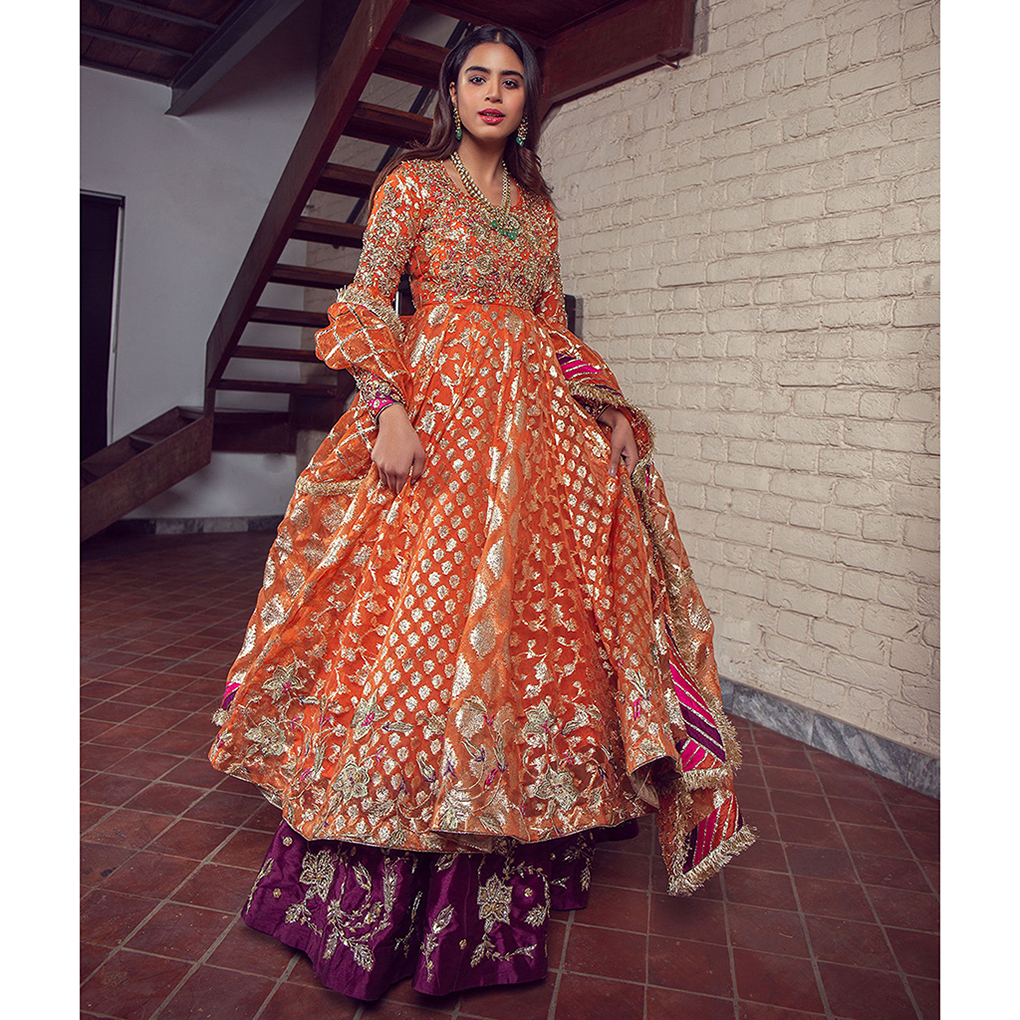 Pakistani Tangerine Zari Organza Kalidar Pishwas (3-Piece) - Image 2