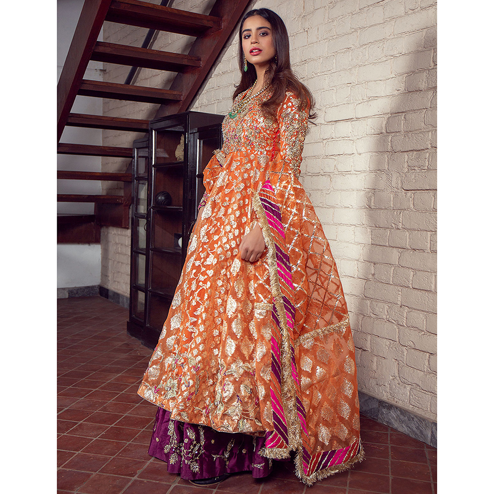 Pakistani Tangerine Zari Organza Kalidar Pishwas (3-Piece) - Image 3