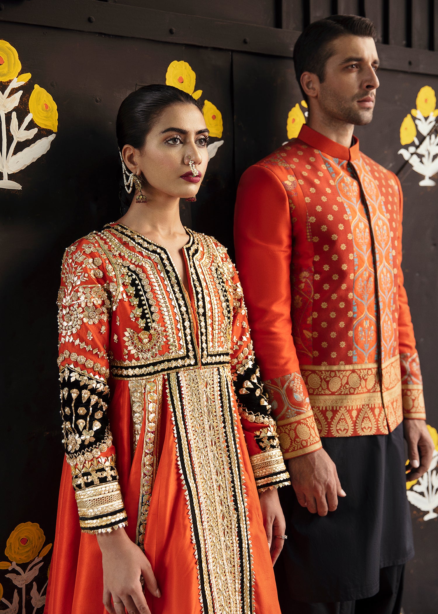 Pakistani Tangerine Embroidered Raw Silk Pishwas Dress (2-Piece) - Image 4