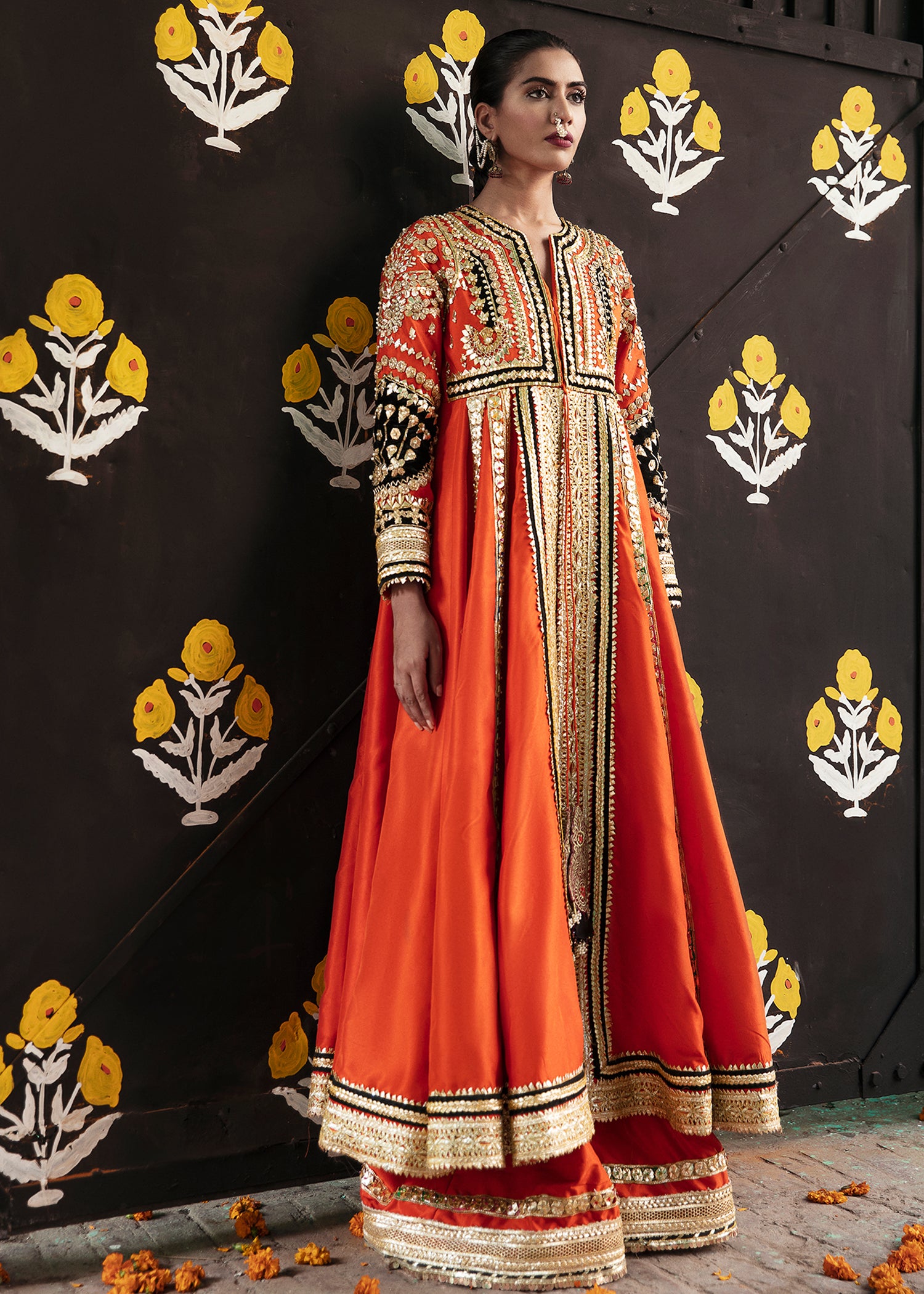Pakistani Tangerine Embellished Raw Silk Pishwas (2-Piece) - Image 1
