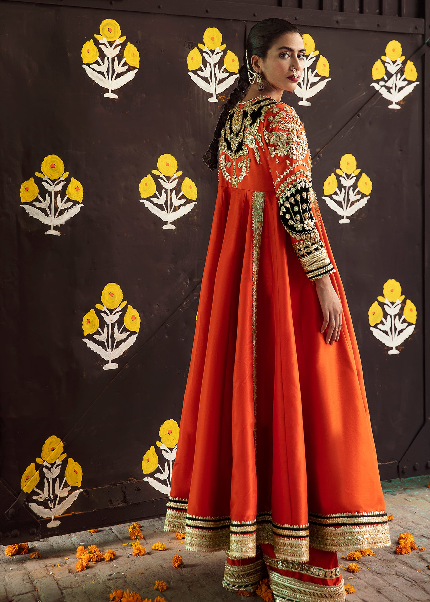 Pakistani Tangerine Embellished Raw Silk Pishwas (2-Piece) - Image 7