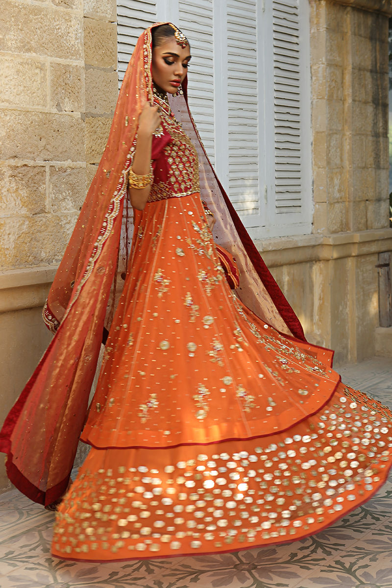 Burnt Orange Embroidered Raw Silk Kalidar Pishwas (3-Piece) - Image 4