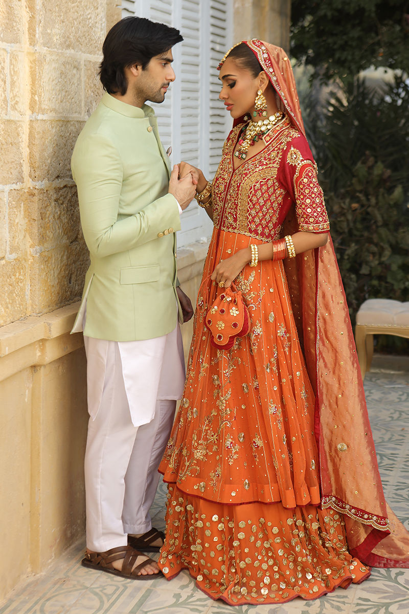 Burnt Orange Embroidered Raw Silk Kalidar Pishwas (3-Piece) - Image 6