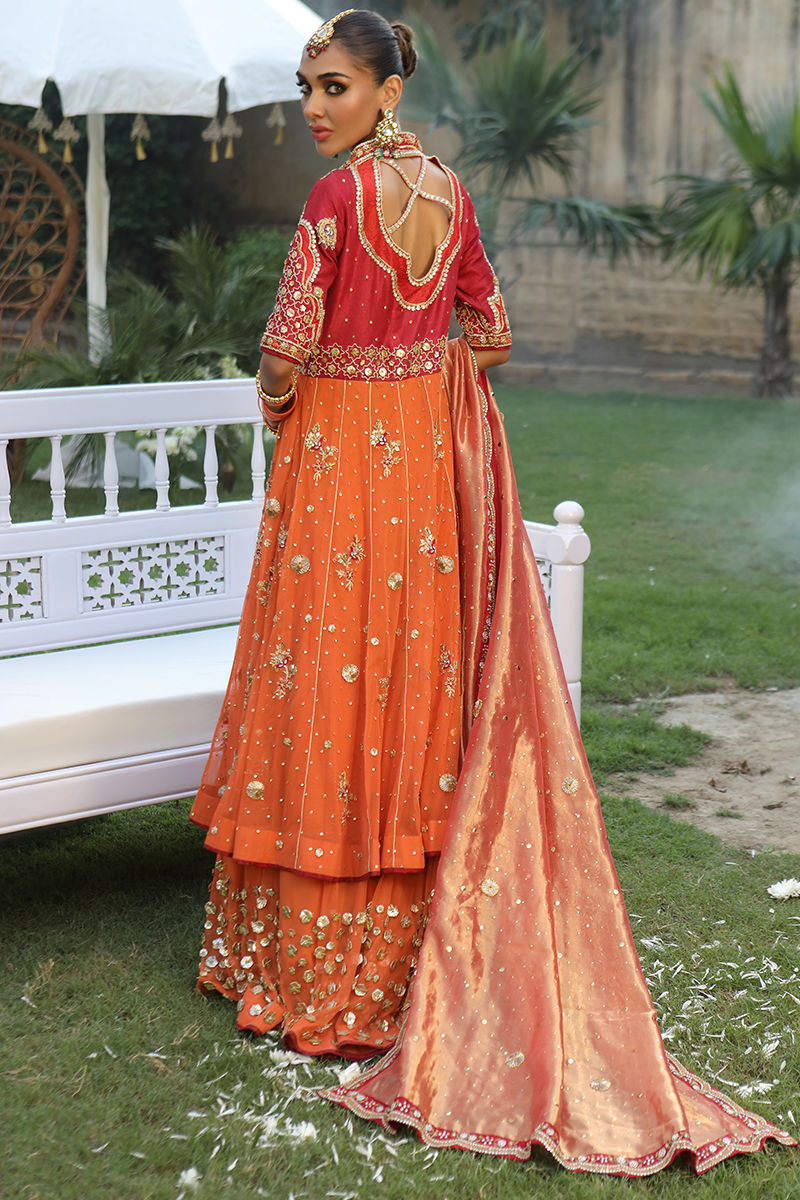 Burnt Orange Embroidered Raw Silk Kalidar Pishwas (3-Piece) - Image 7