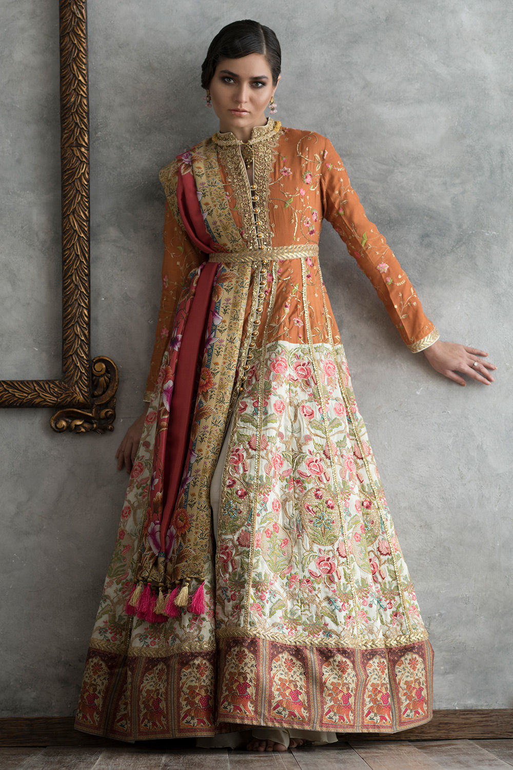 Pakistani Burnt Orange Embroidered Raw Silk Pishwas (3-Piece) - Image 3