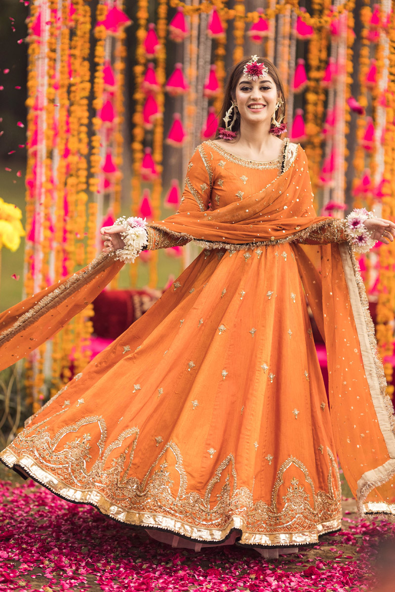 Pakistani Orange Embroidered Raw Silk Pishwas Dress (2-Piece) - Image 1