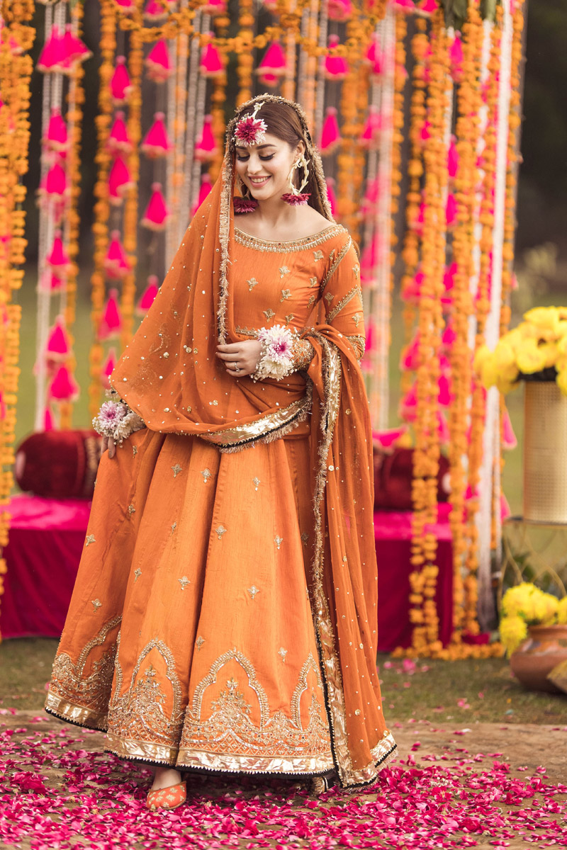 Pakistani Orange Embroidered Raw Silk Pishwas Dress (2-Piece) - Image 2