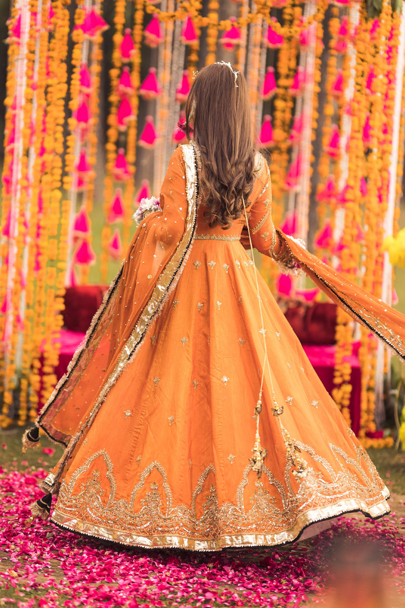 Pakistani Orange Embroidered Raw Silk Pishwas Dress (2-Piece) - Image 3