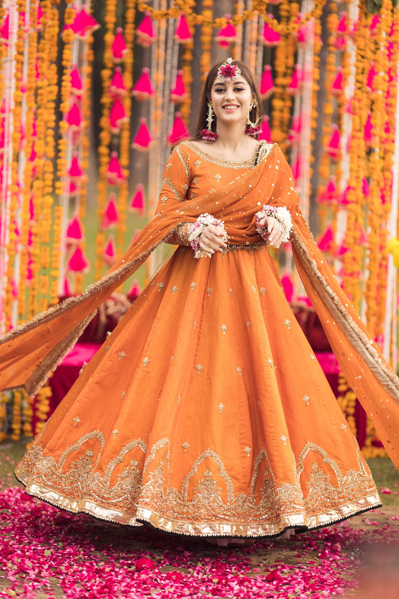 Pakistani Orange Embroidered Raw Silk Pishwas Dress (2-Piece) - Image 5