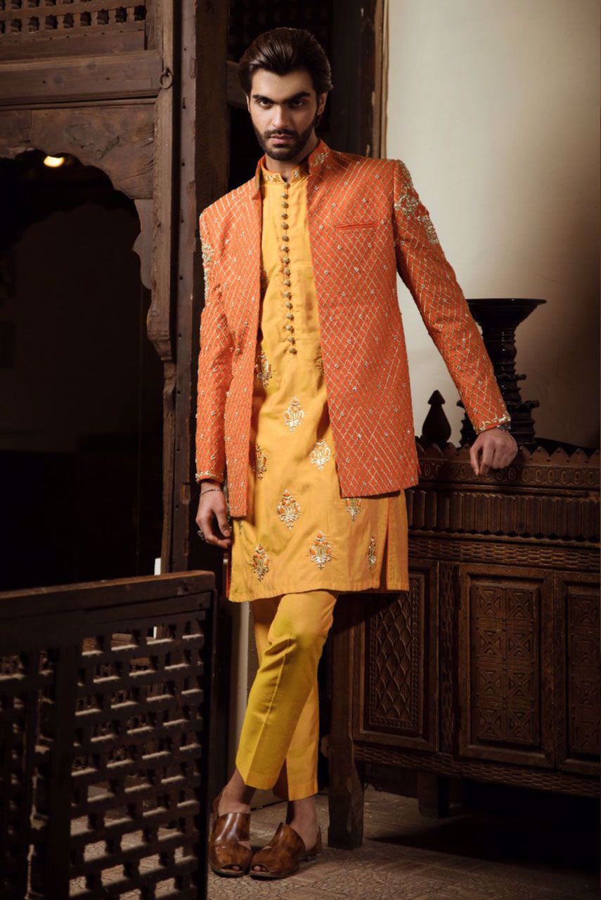 Pumpkin Orange Embroidered Silk-Blend Prince Coat (3-Piece) - Image 2