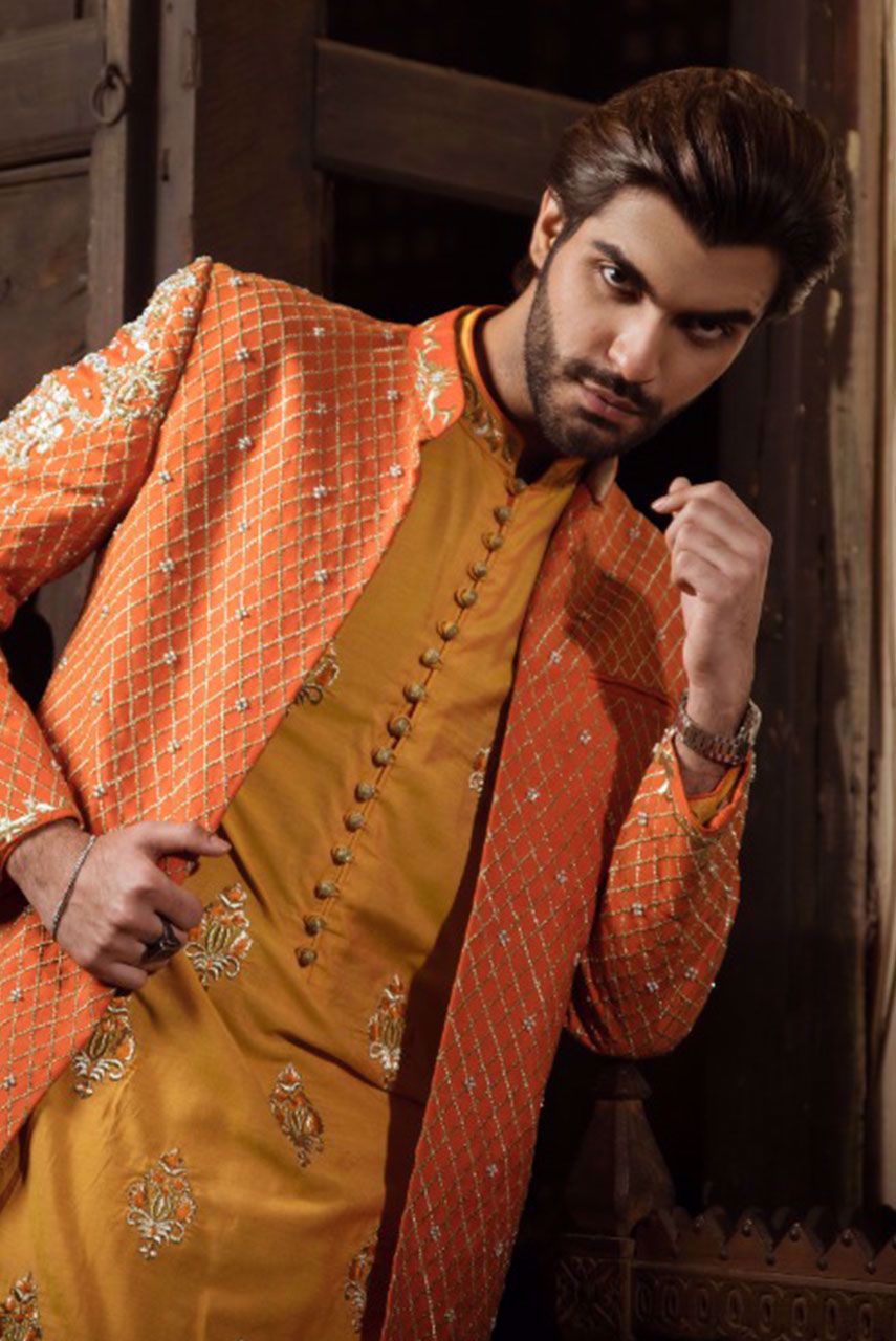 Pumpkin Orange Embroidered Silk-Blend Prince Coat (3-Piece) - Image 3