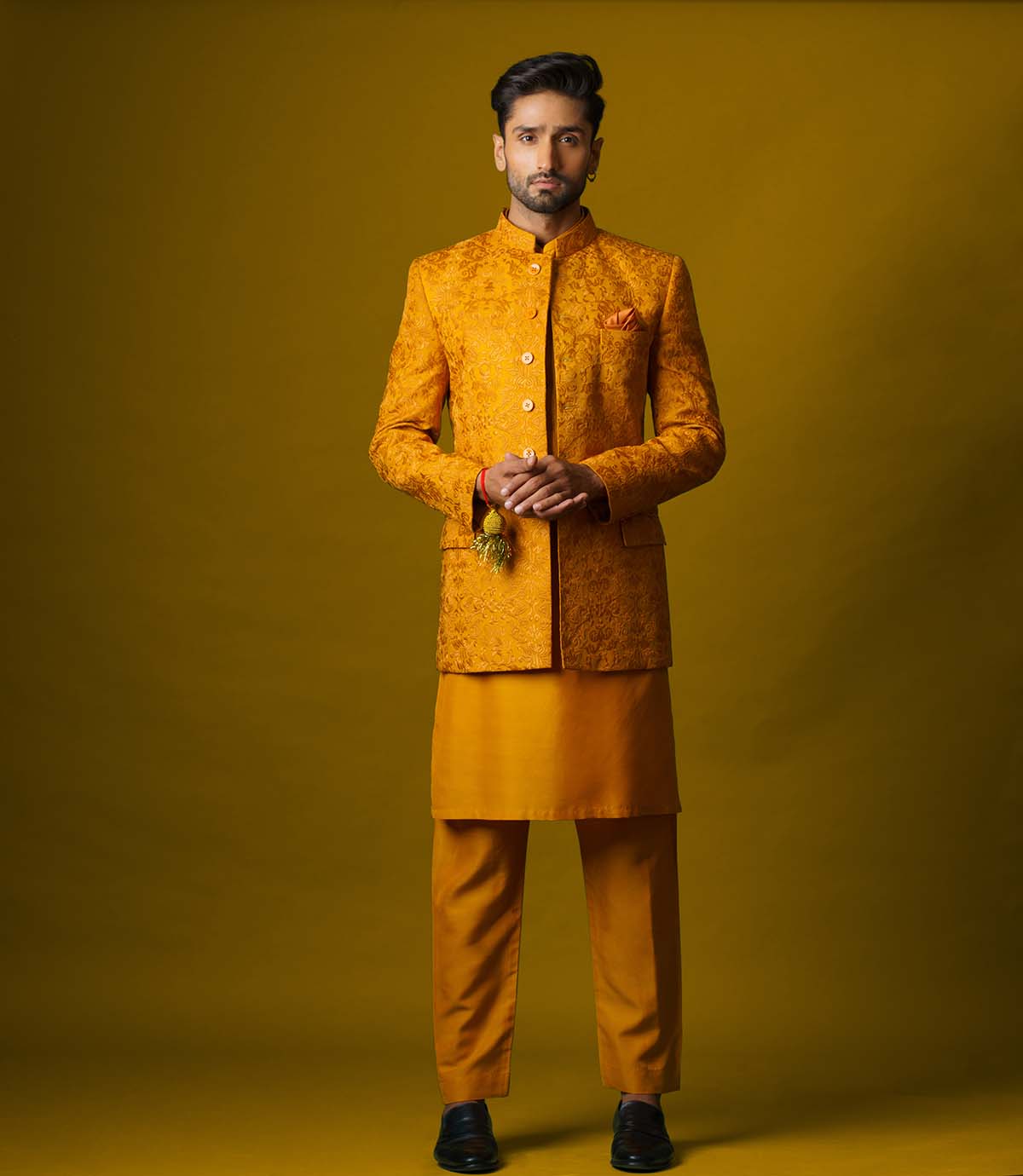 Fire Orange Self-Embroidered Silk-Blend Prince Coat (3-Piece) - Image 1