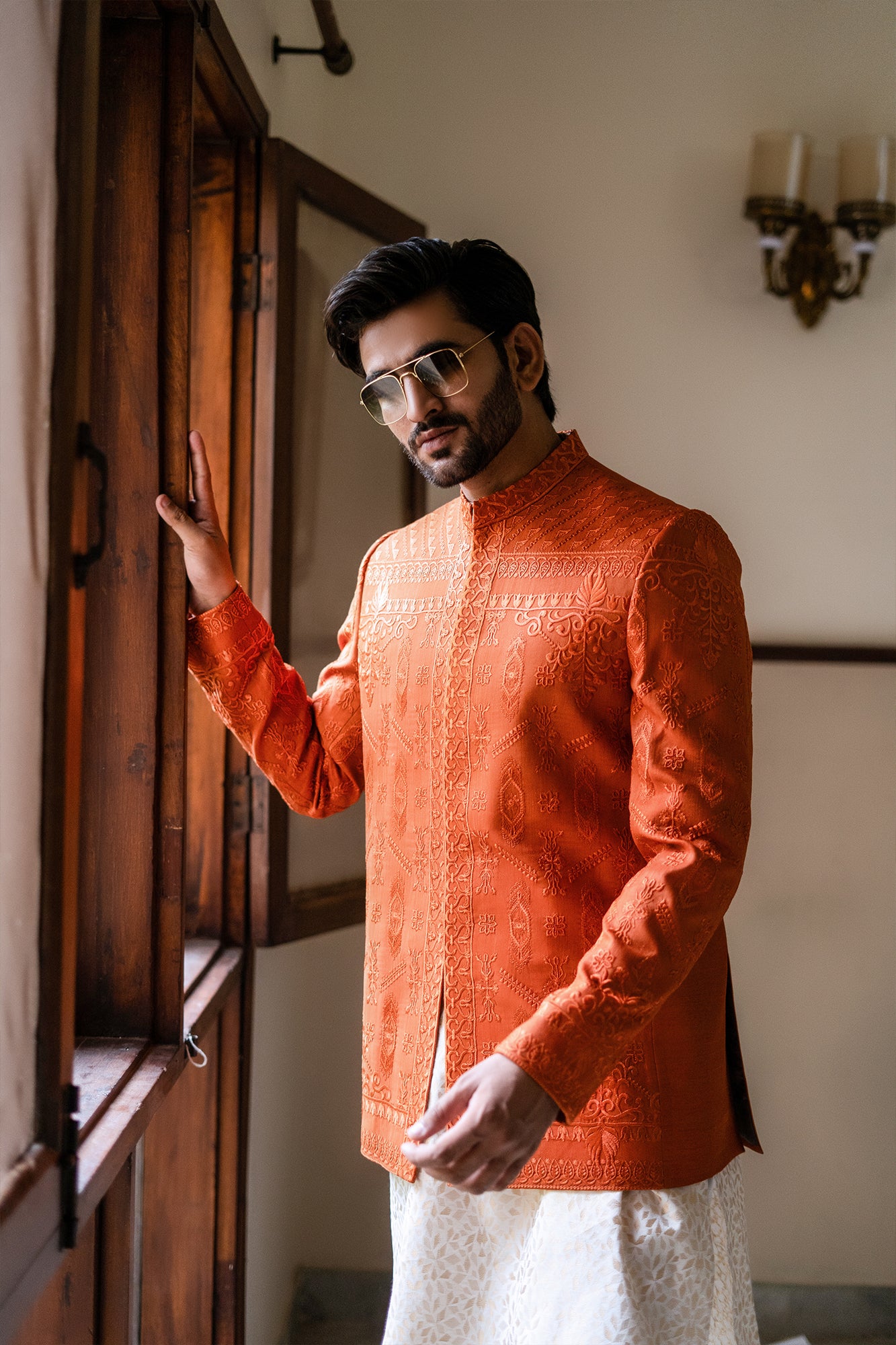 Crisp Orange Embroidered Silk-Blend Prince Coat (3-Piece) - Image 1