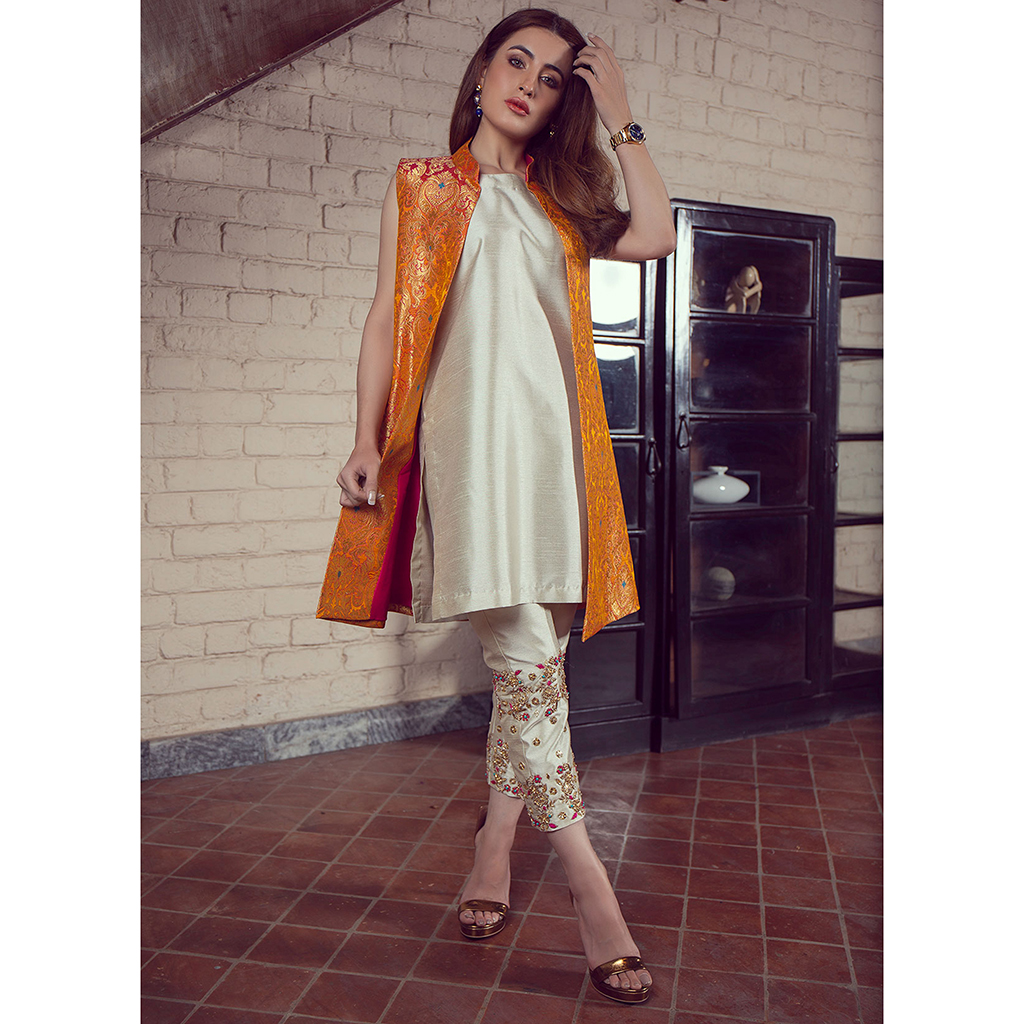 Orange Multicolour Brocade Silk Salwar Kameez (4-Piece) - Image 1