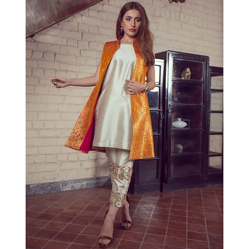 Orange Multicolour Brocade Silk Salwar Kameez (4-Piece) - Image 2