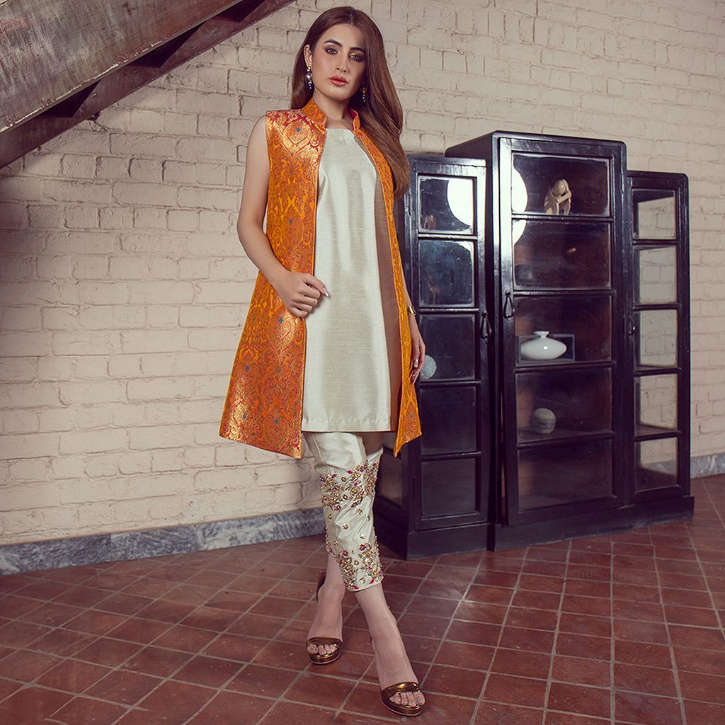 Orange Multicolour Brocade Silk Salwar Kameez (4-Piece) - Image 3