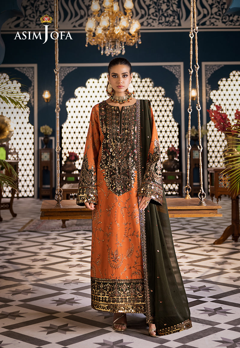 Orange Embroidered Cambric & Chiffon 3-Piece Suit - Image 1