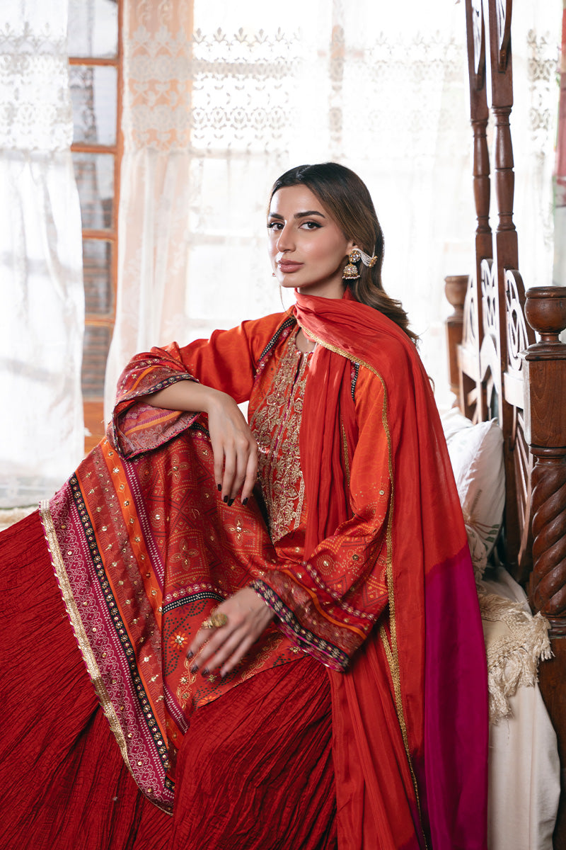 Pakistani Orange Bandhani Embroidered Charmeuse Silk Salwar Kameez (3-Piece) - Image 2