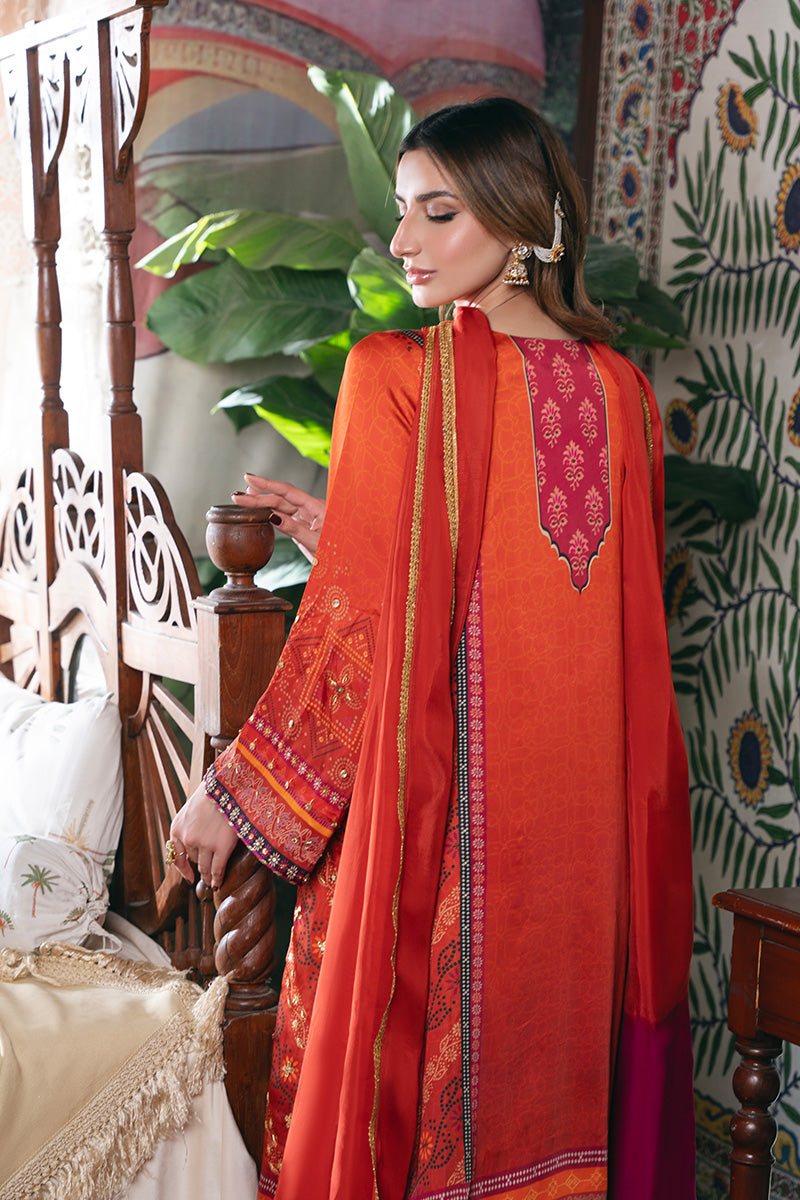 Pakistani Orange Bandhani Embroidered Charmeuse Silk Salwar Kameez (3-Piece) - Image 3