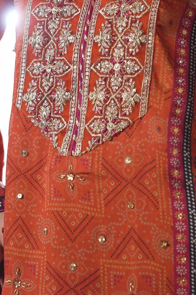 Pakistani Orange Bandhani Embroidered Charmeuse Silk Salwar Kameez (3-Piece) - Image 8