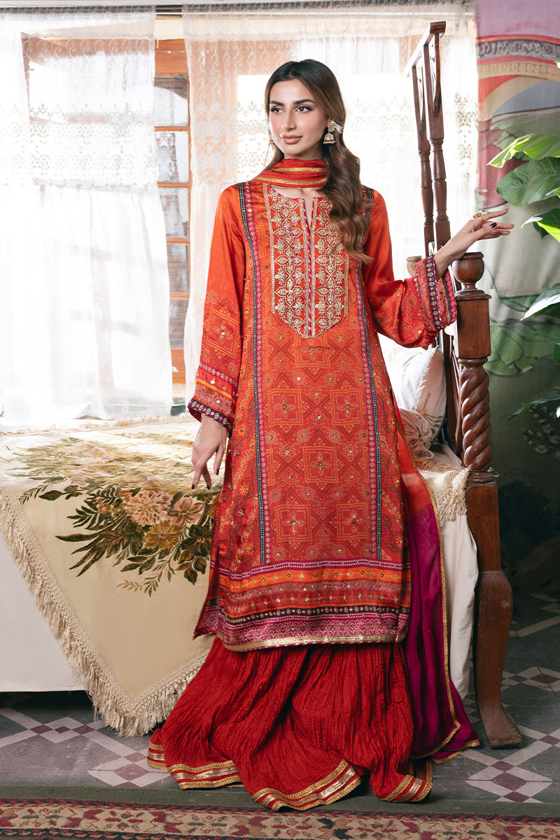 Orange Bandhani Embroidered Charmeuse Silk Salwar Kameez (3-Piece) - Image 1