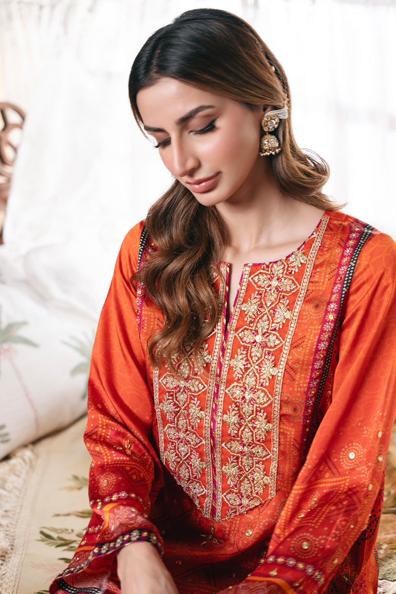 Orange Bandhani Embroidered Charmeuse Silk Salwar Kameez (3-Piece) - Image 4