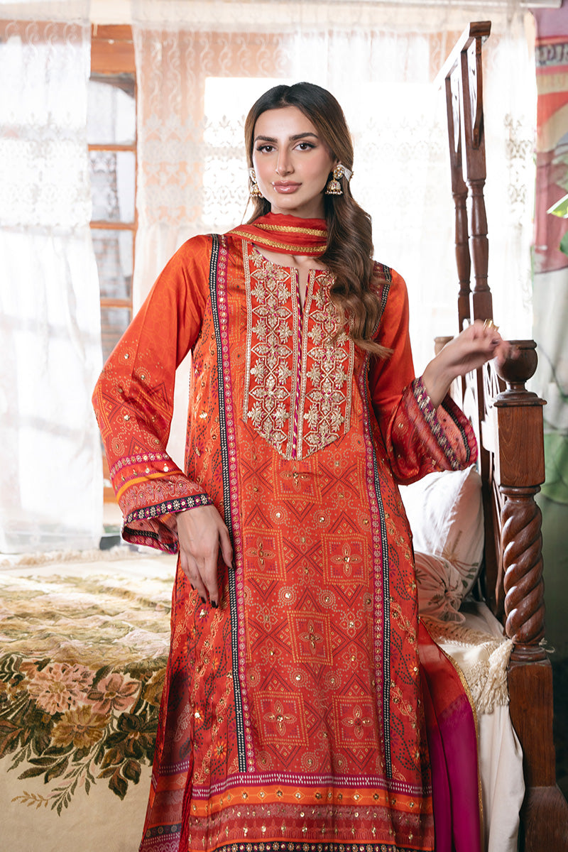 Orange Bandhani Embroidered Charmeuse Silk Salwar Kameez (3-Piece) - Image 5
