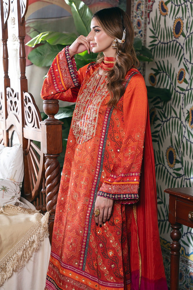 Orange Bandhani Embroidered Charmeuse Silk Salwar Kameez (3-Piece) - Image 7