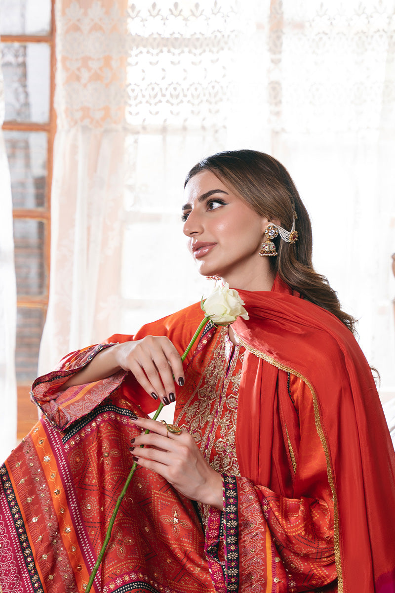 Orange Bandhani Embroidered Charmeuse Silk Salwar Kameez (3-Piece) - Image 8