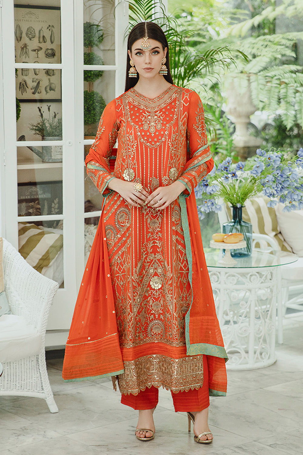 Pakistani Burnt Orange Embroidered Chiffon 3-Piece Suit - Image 1