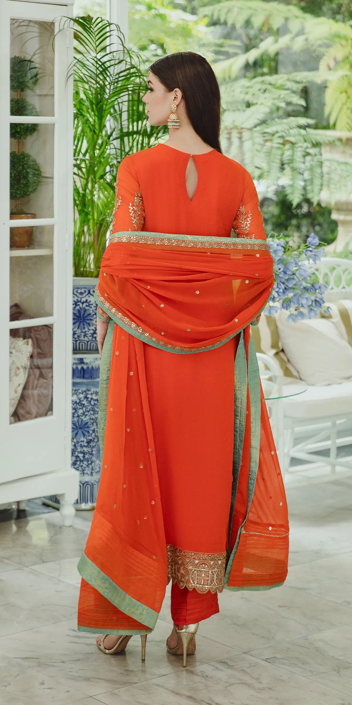 Pakistani Burnt Orange Embroidered Chiffon 3-Piece Suit - Image 2