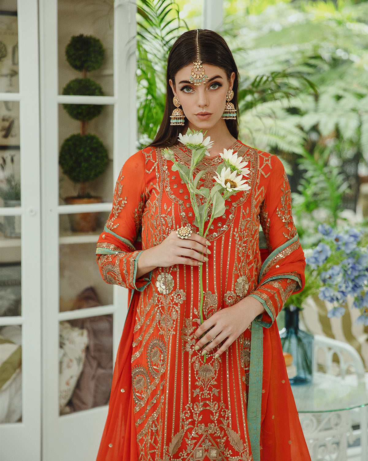 Pakistani Burnt Orange Embroidered Chiffon 3-Piece Suit - Image 3