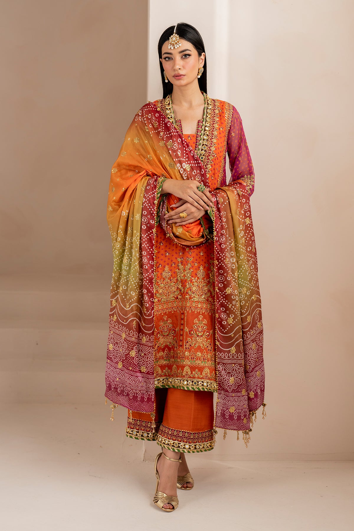 Orange & Magenta Embroidered Chiffon Long Shirt (3-Piece) - Image 1