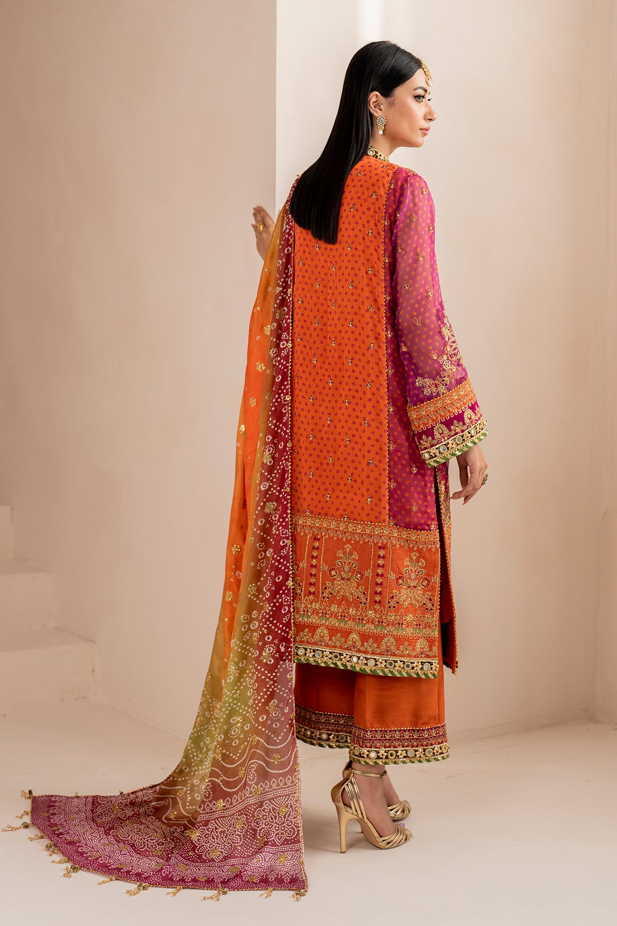 Orange & Magenta Embroidered Chiffon Long Shirt (3-Piece) - Image 2