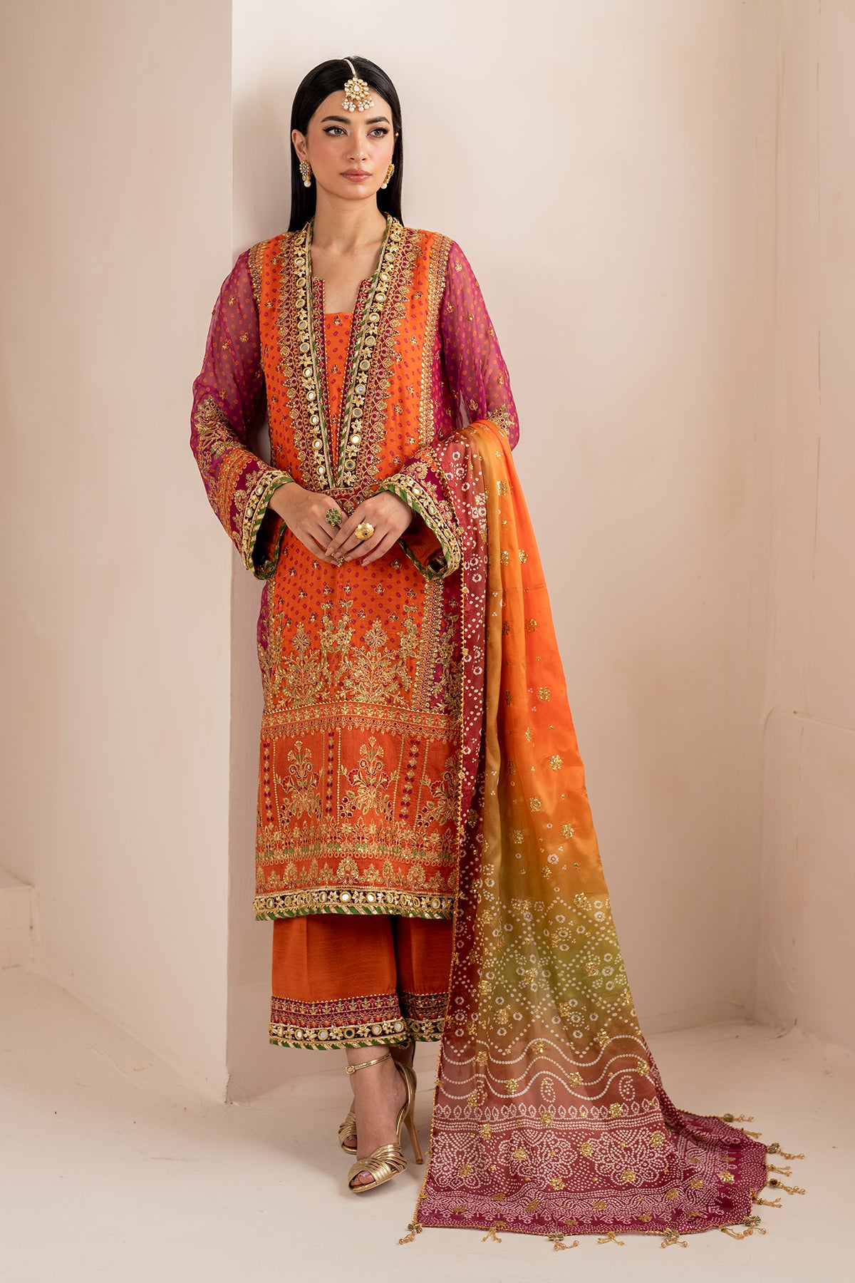 Orange & Magenta Embroidered Chiffon Long Shirt (3-Piece) - Image 3