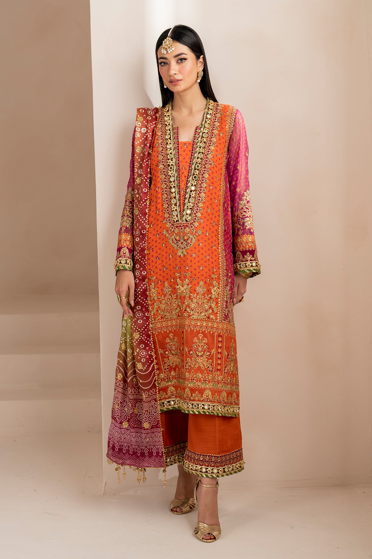 Orange & Magenta Embroidered Chiffon Long Shirt (3-Piece) - Image 5