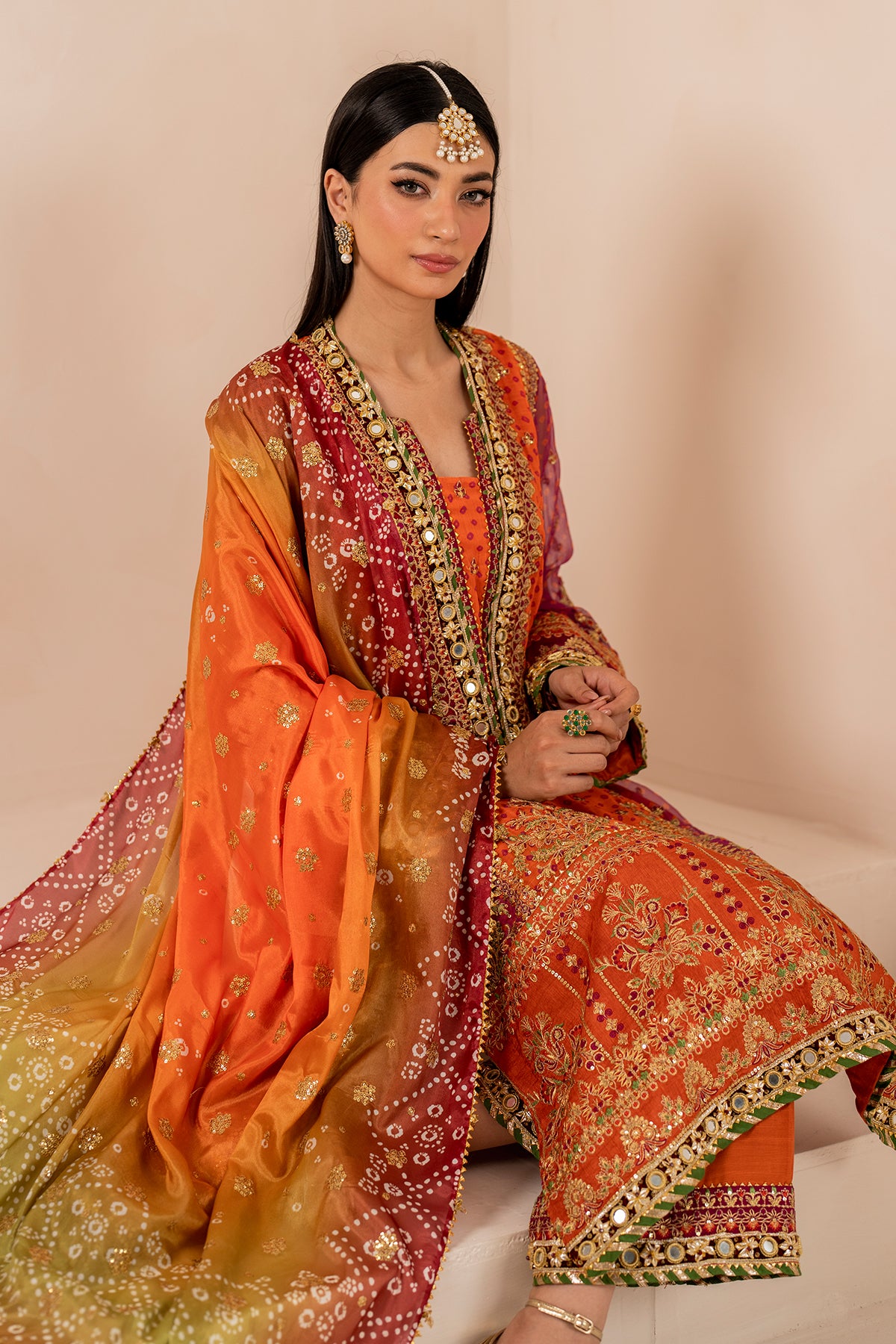 Orange & Magenta Embroidered Chiffon Long Shirt (3-Piece) - Image 6