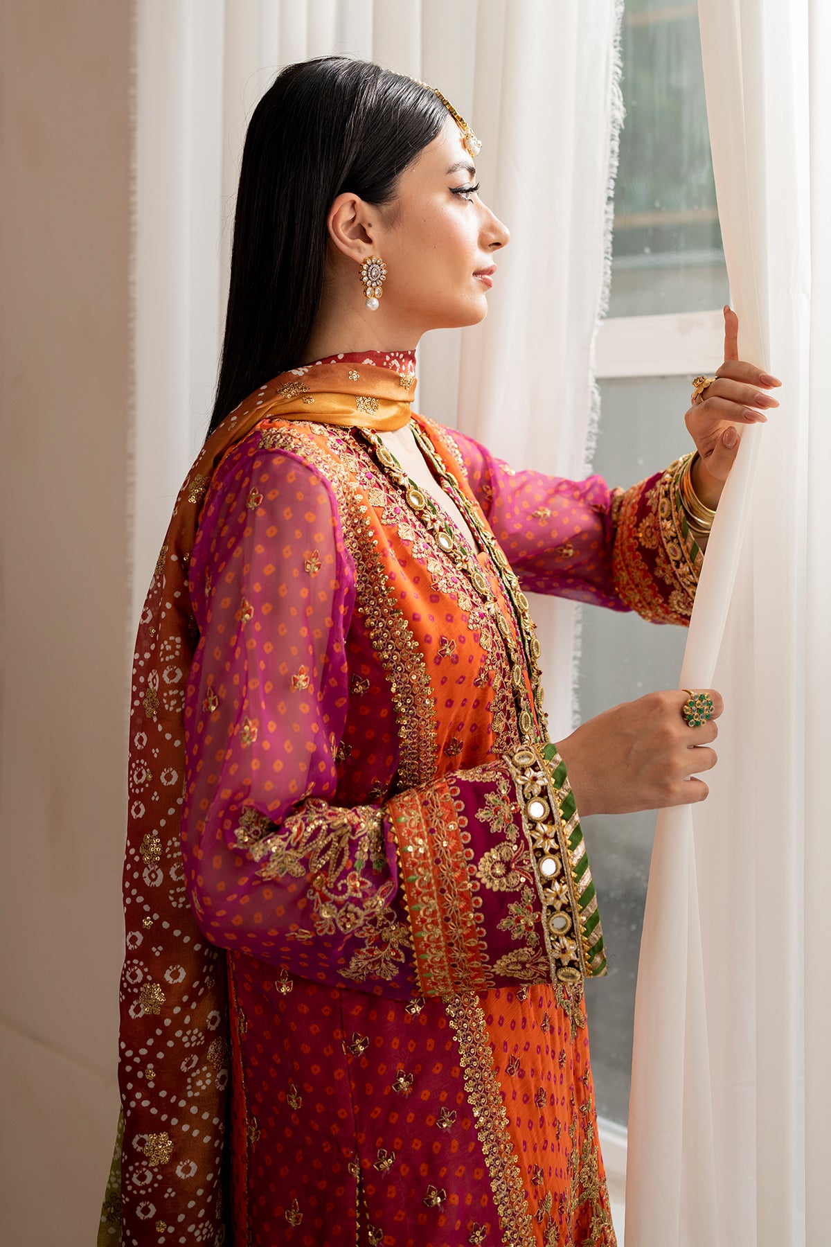 Orange & Magenta Embroidered Chiffon Long Shirt (3-Piece) - Image 7