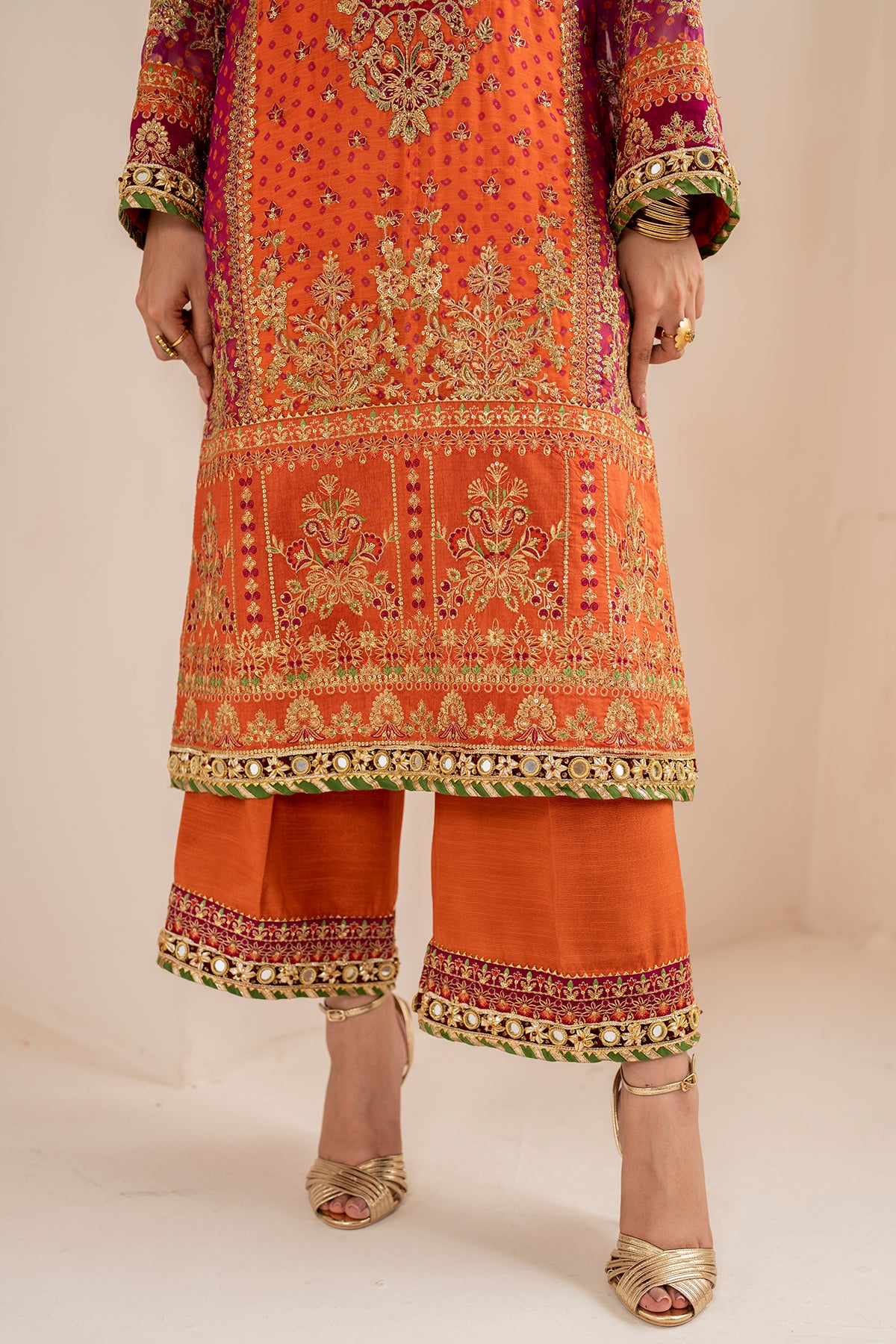 Orange & Magenta Embroidered Chiffon Long Shirt (3-Piece) - Image 8