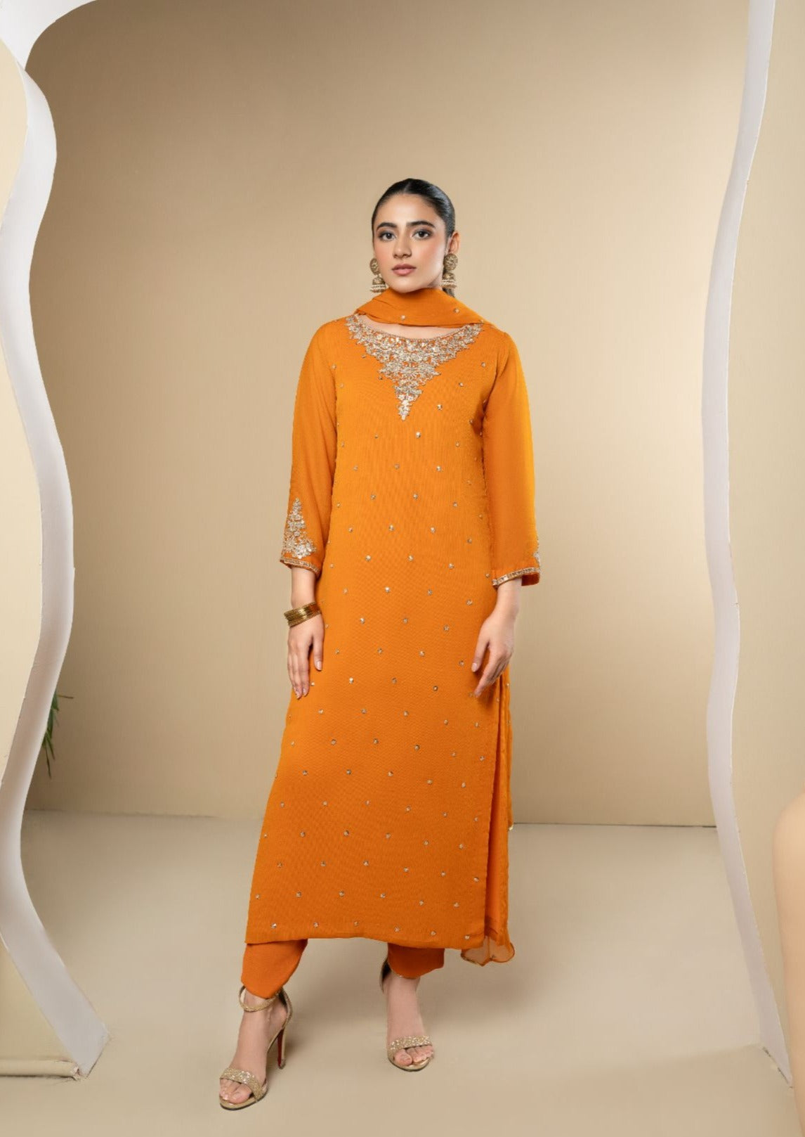 Pakistani Orange Embroidered Chiffon 3-Piece Kurta Set - Image 1