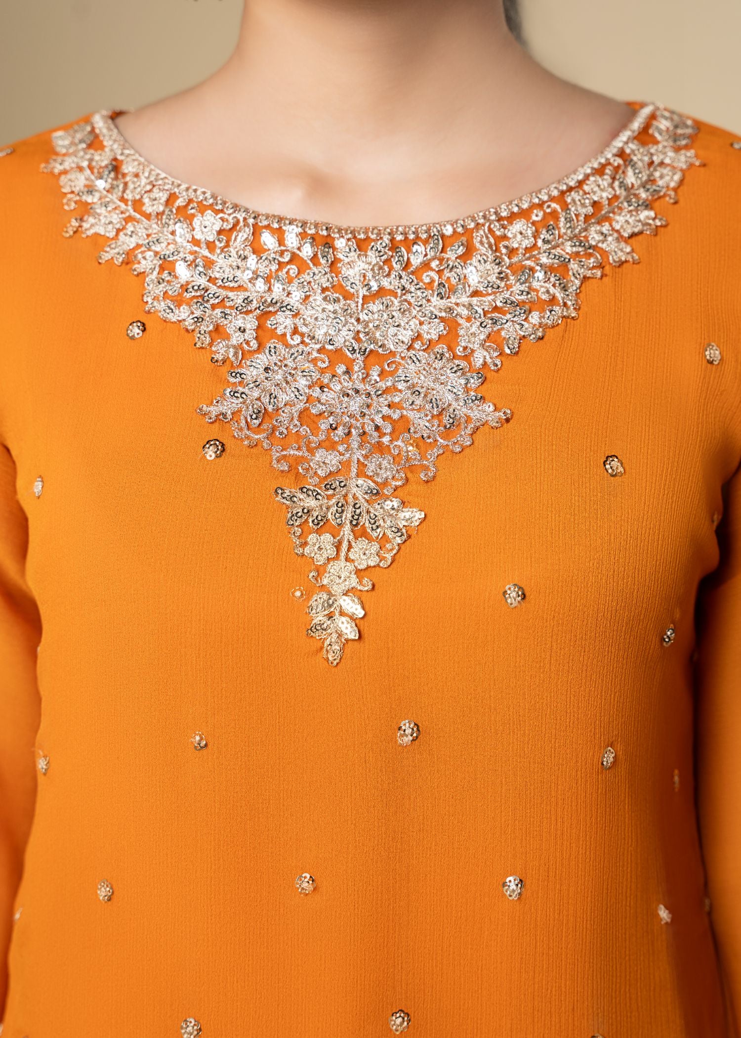 Pakistani Orange Embroidered Chiffon 3-Piece Kurta Set - Image 2