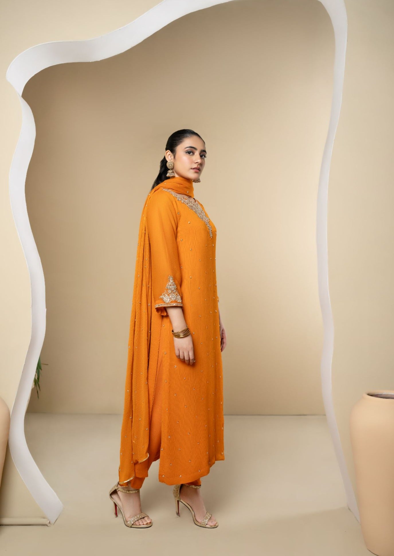 Pakistani Orange Embroidered Chiffon 3-Piece Kurta Set - Image 3