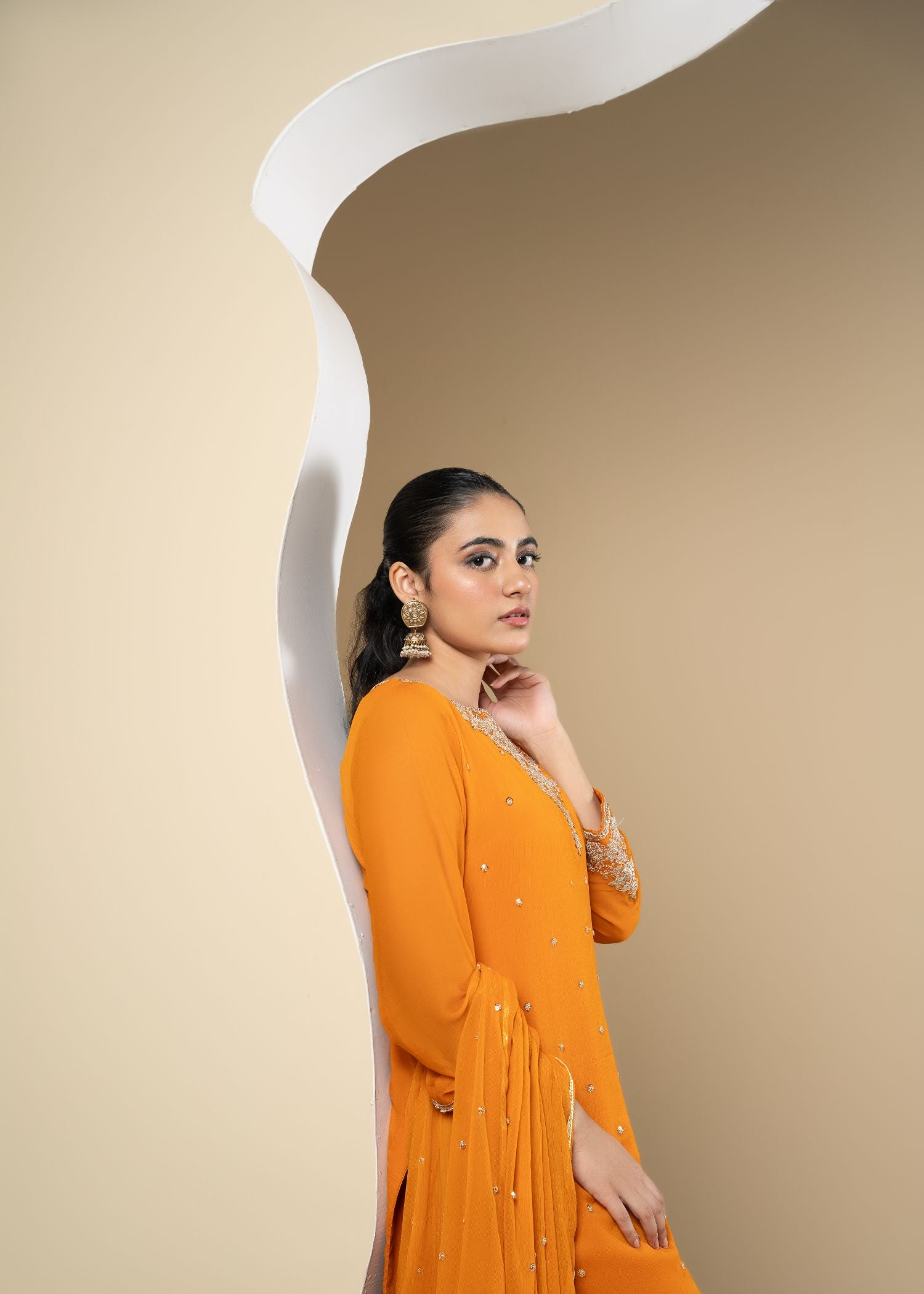 Pakistani Orange Embroidered Chiffon 3-Piece Kurta Set - Image 4