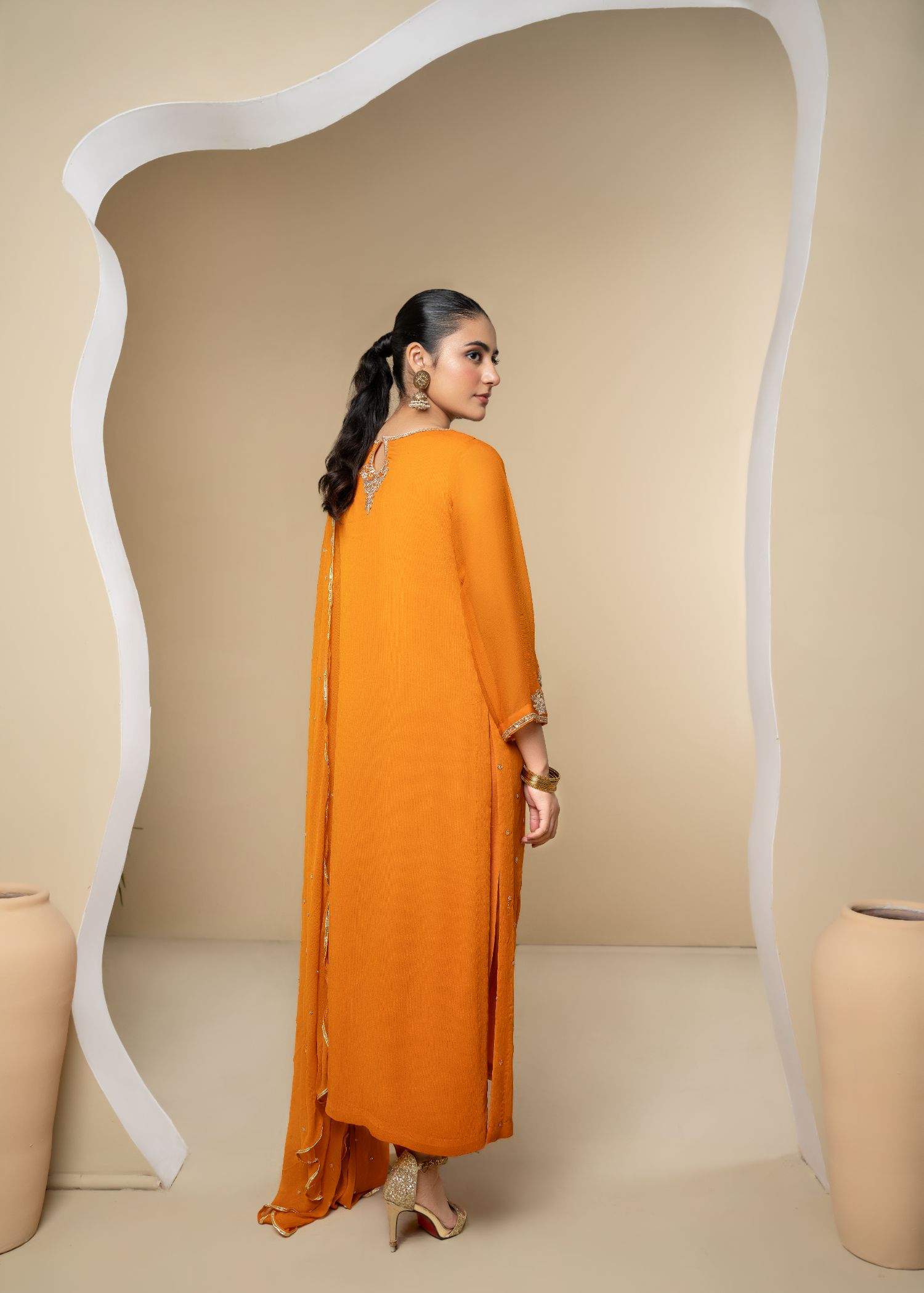 Pakistani Orange Embroidered Chiffon 3-Piece Kurta Set - Image 5