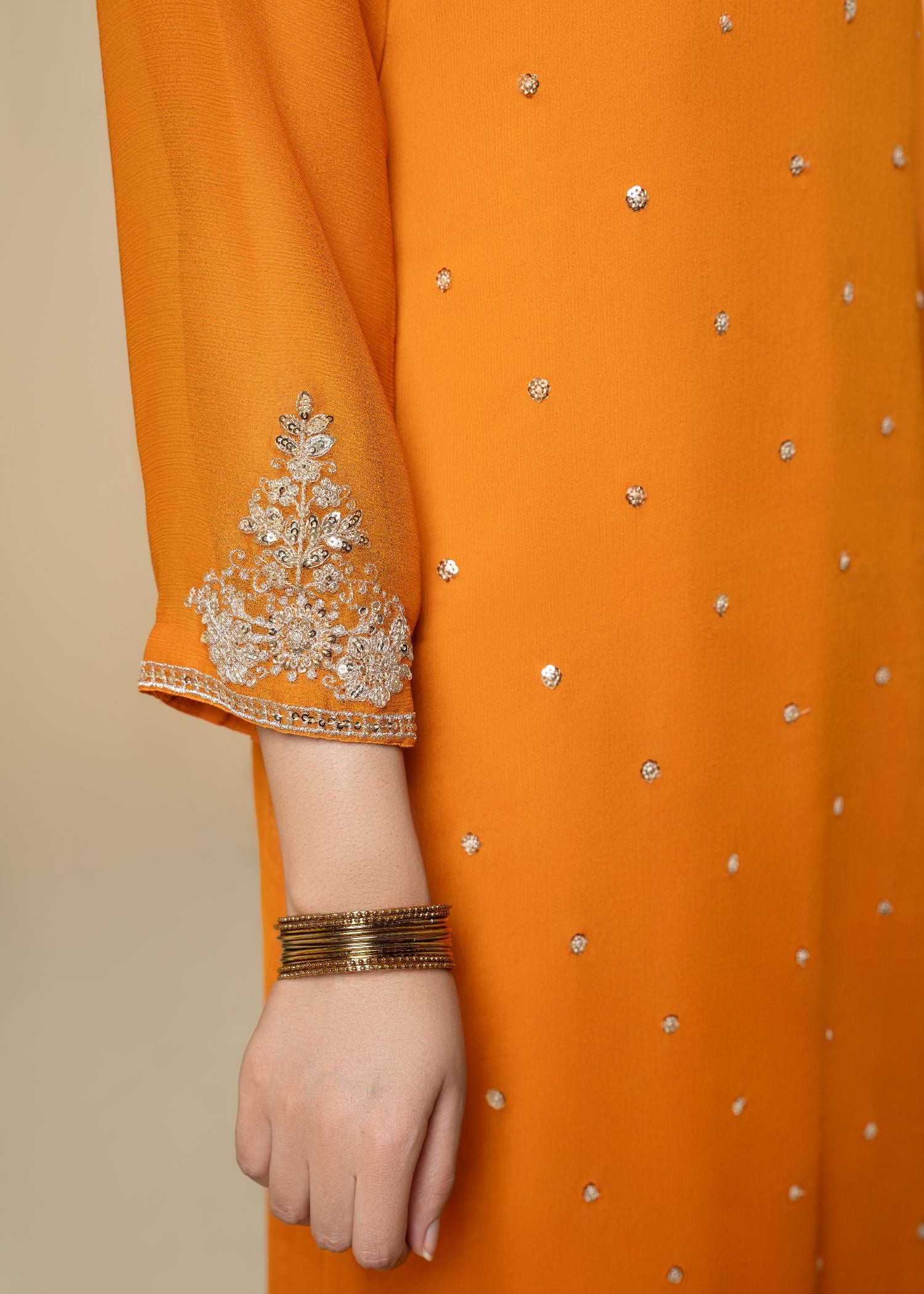 Pakistani Orange Embroidered Chiffon 3-Piece Kurta Set - Image 6