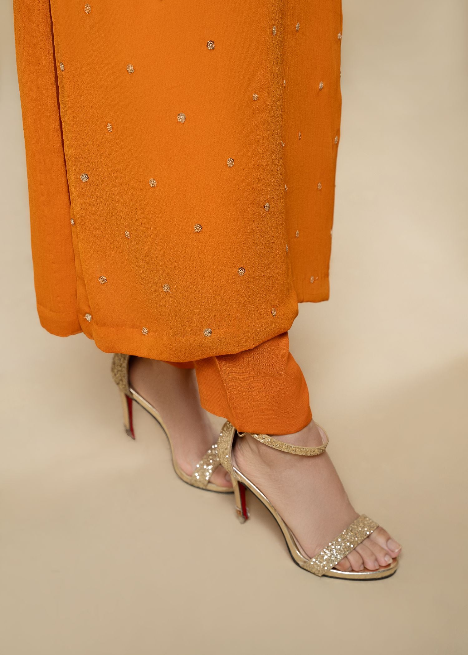 Pakistani Orange Embroidered Chiffon 3-Piece Kurta Set - Image 7