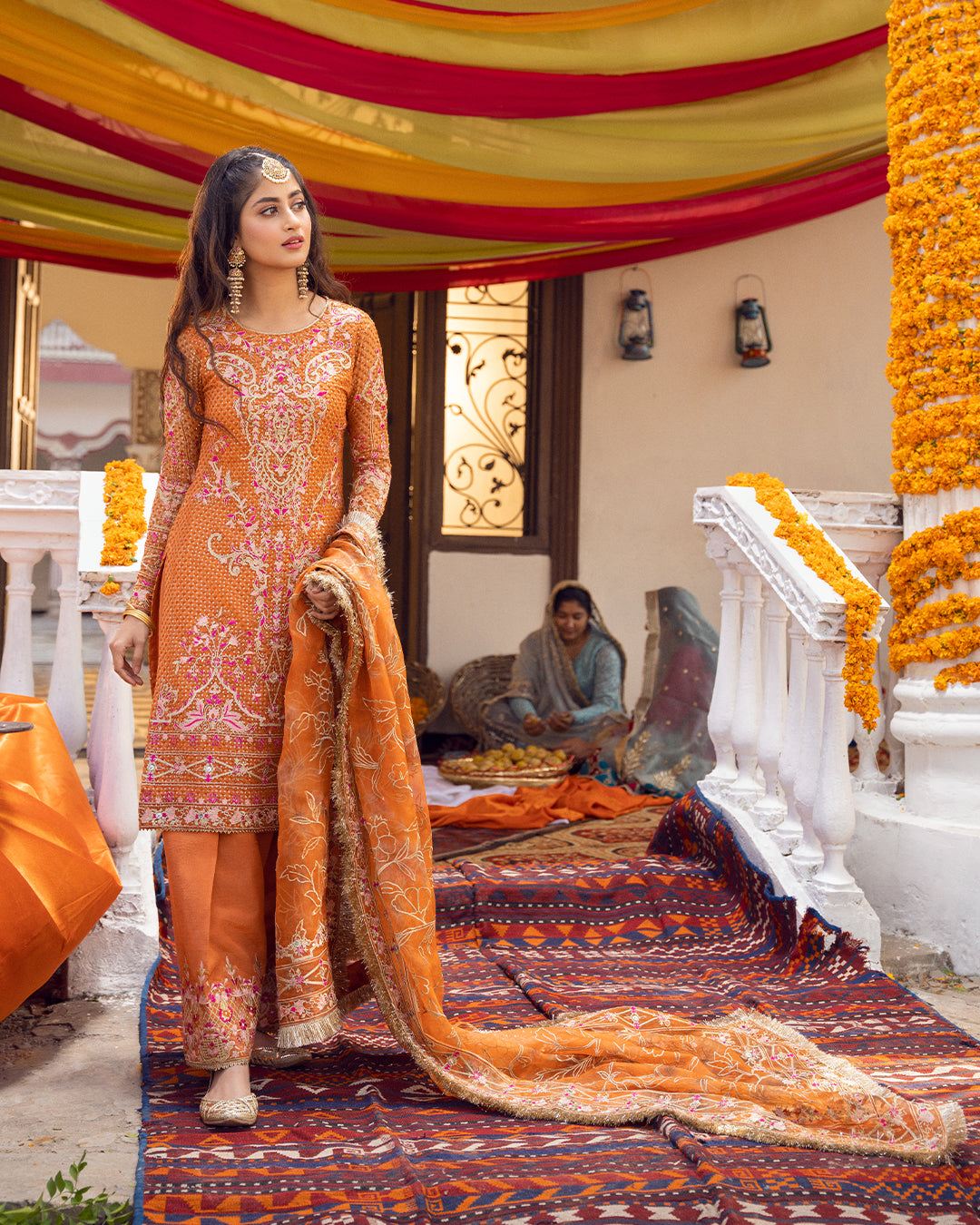 Pakistani Orange Embroidered Chiffon & Organza Shalwar Kameez (3-Piece) - Image 1